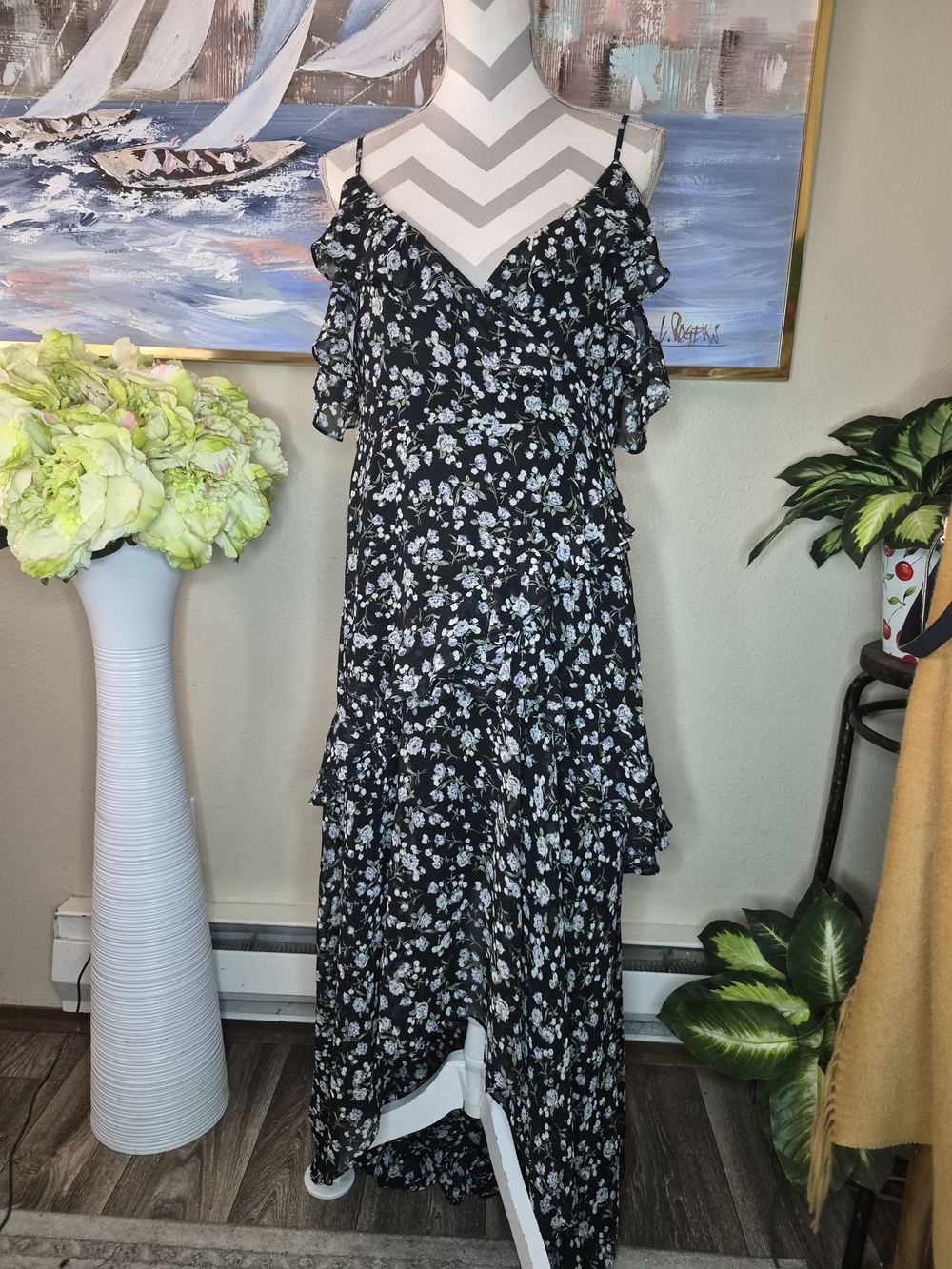 ASTR Black Floral High-Low Ruffle Maxi Dress